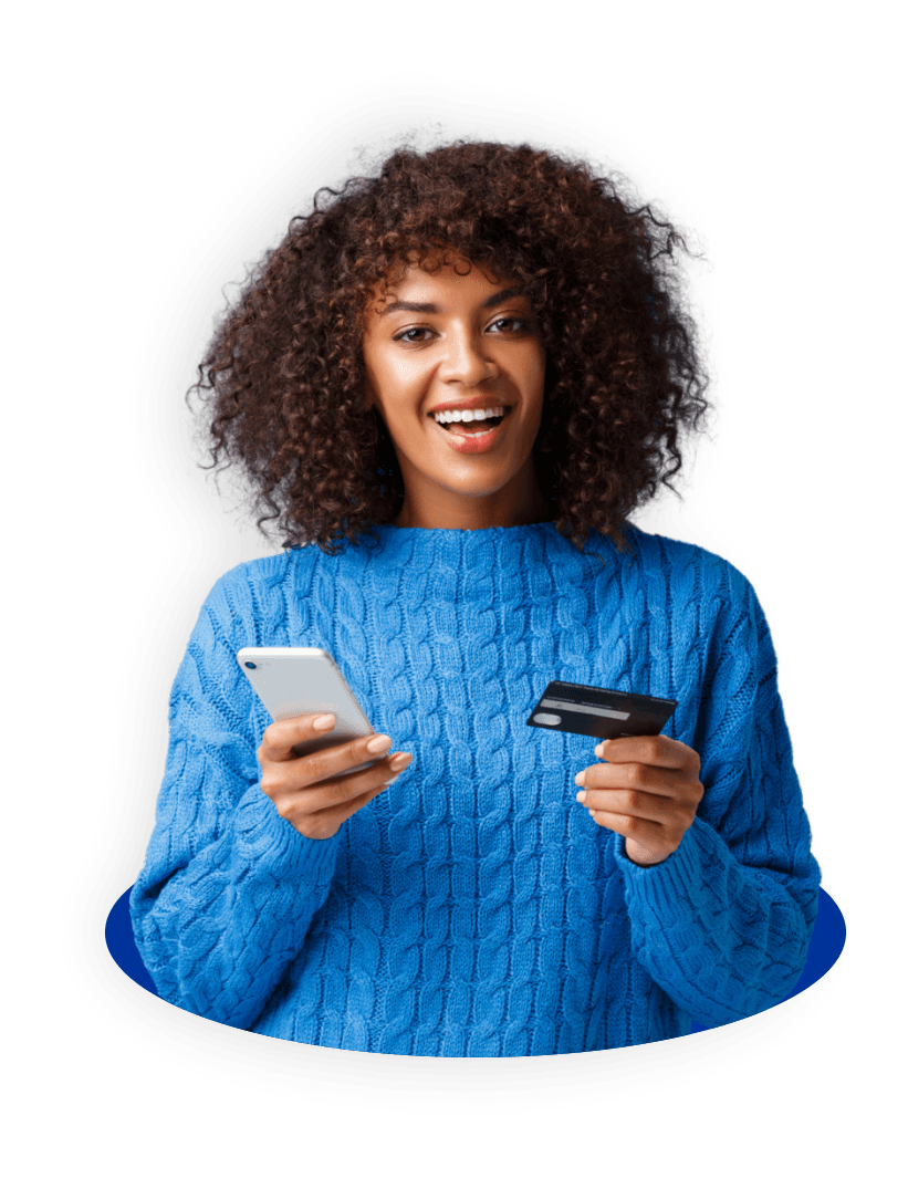 Happy customer using phone and credit card